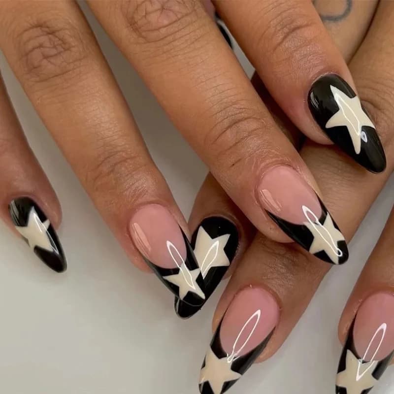 24 Long nails French Black Edge Star with 1 gelatin gel and 1 nail file