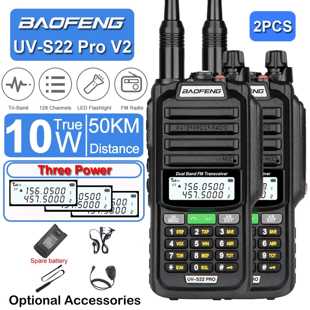 2PCS Baofeng 10W Walkie Talkie Impermeabile IP68 con Tre Livelli di Potenza, Alimentazione Type-C, Radio FM UHF VHF a Lungo Raggio, Interfono UV-S22 Pro V2