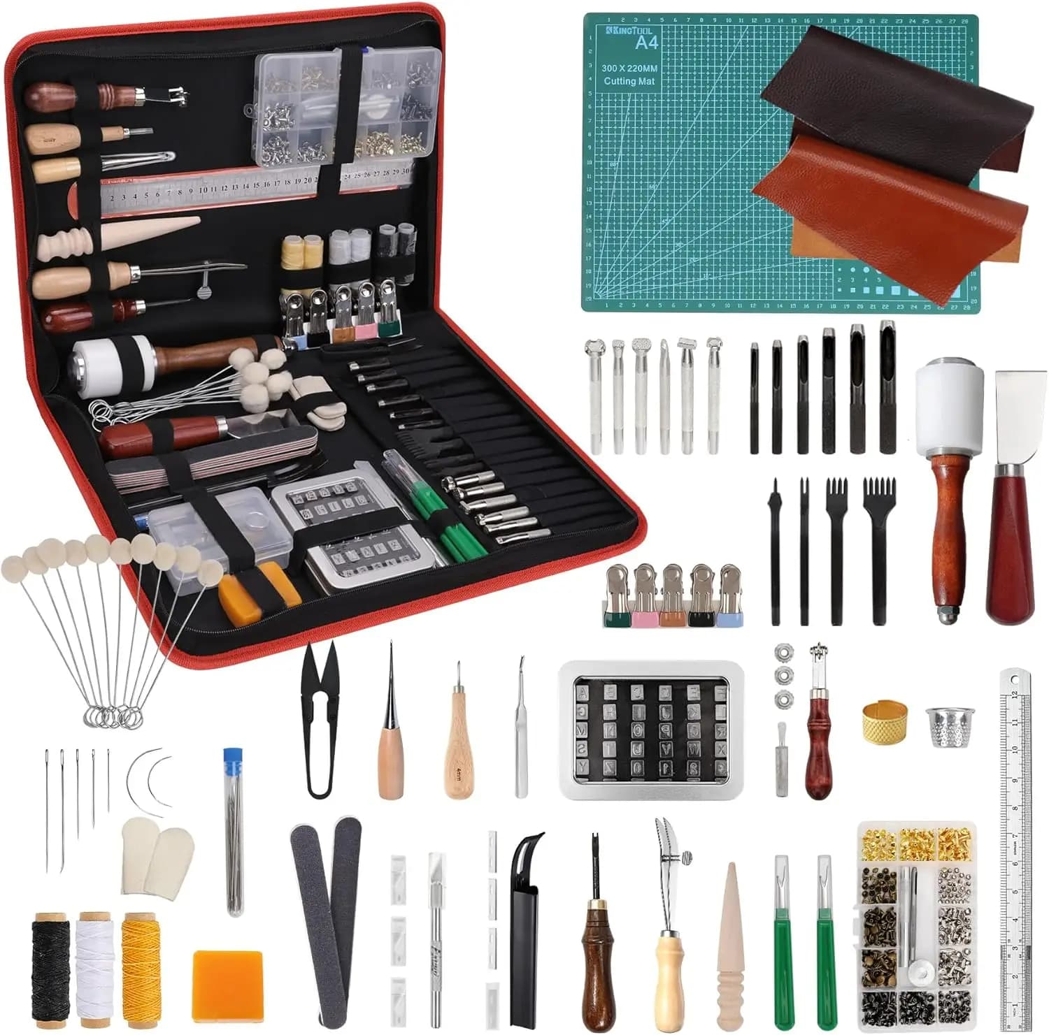 Kit artigianale in pelle da 386 pezzi con custodia per il trasporto, tappetino da taglio, francobolli, aghi per cucire e punzonatura