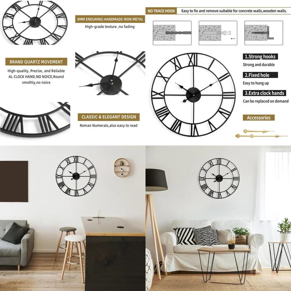 Silent Metal Wall Clock, 24 Inches, Vintage and Modern Style, Living Room Battery, Bedroom, Office