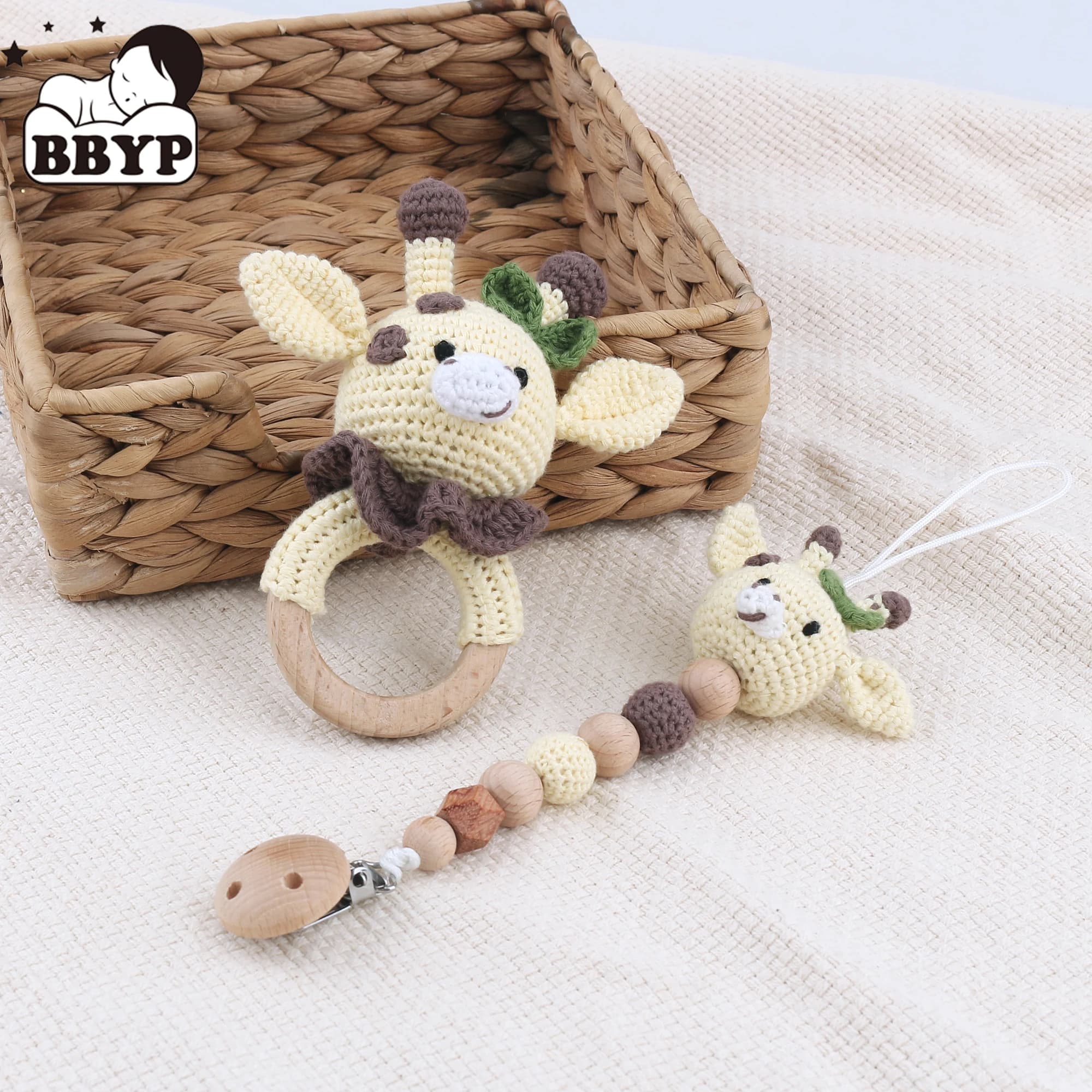 Set di catene per ciuccio Giraffa Porta clip per ciuccio Massaggiagengive per bambini Campana per lotteria all'uncinetto Baby Doll Doccia Regalo per neonati