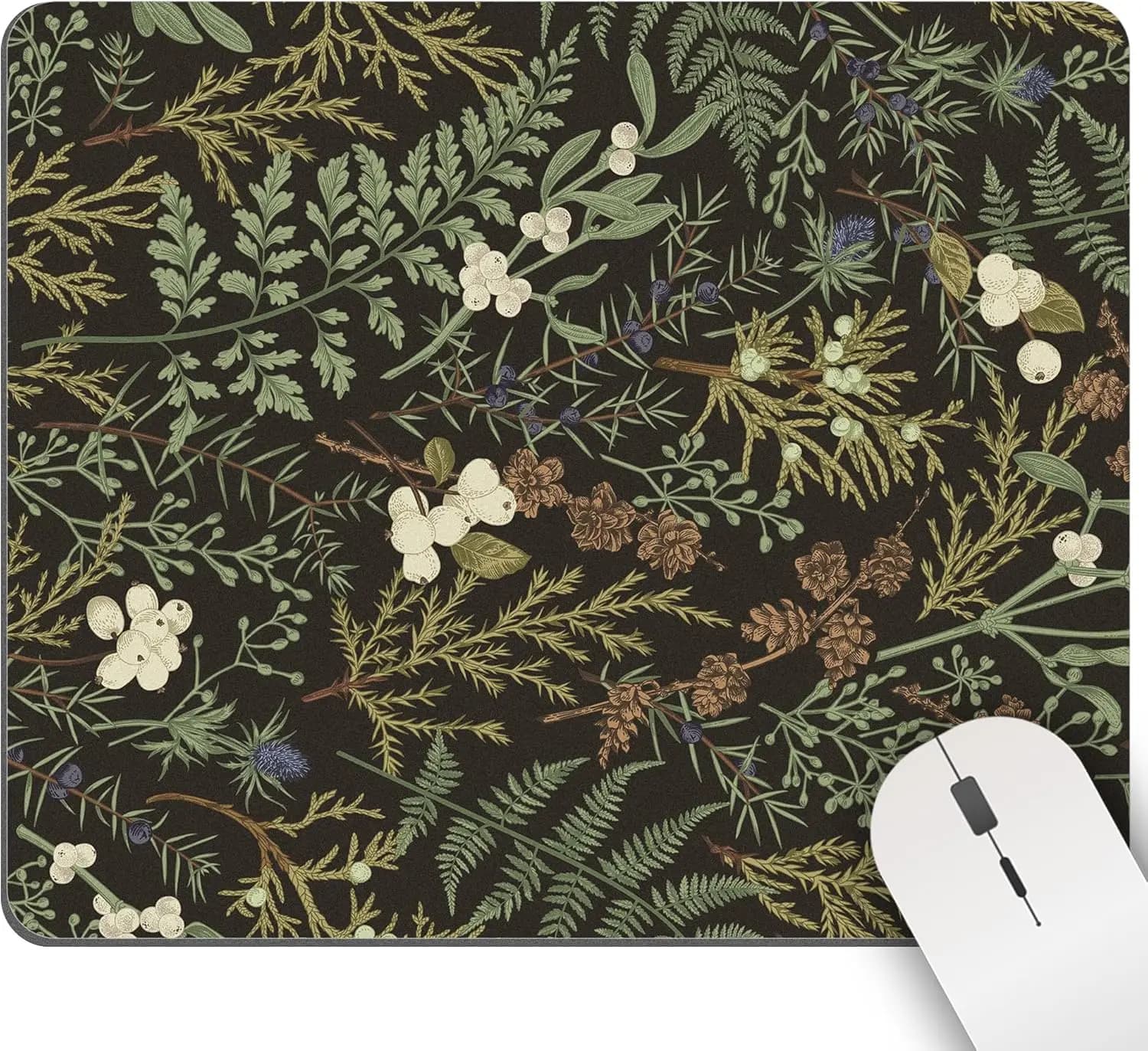 Tappetino per mouse floreale con foglie botaniche vintage, grazioso tappetino da scrivania quadrato verde, estetica naturale e forestale, lavabile, in gomma antiscivolo, per ufficio, giochi, viaggi, laptop