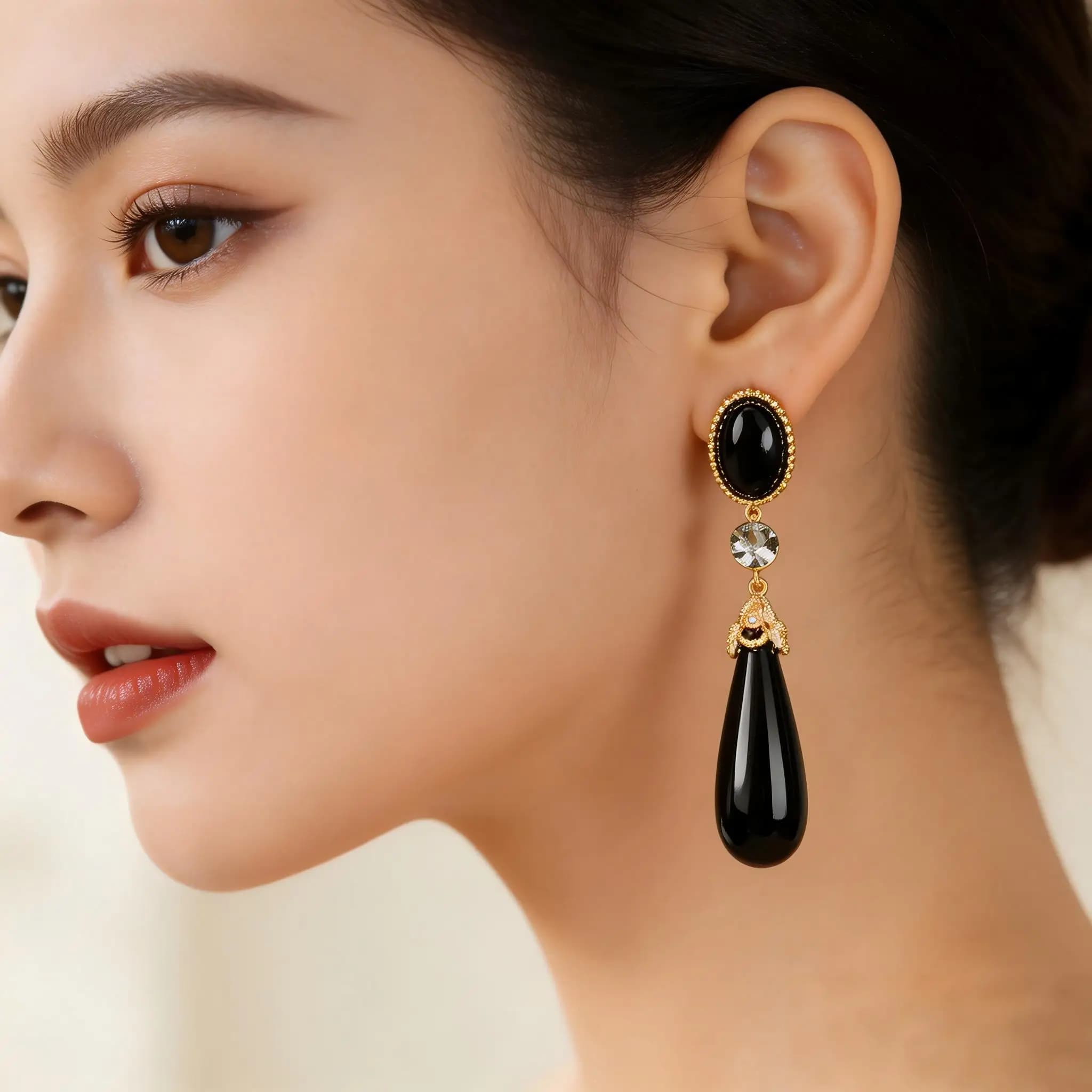 Gold Plated Vintage Black Teardrop Drop Earrings with Crystals, Retro Style for Women Evening Party & Formal Wear