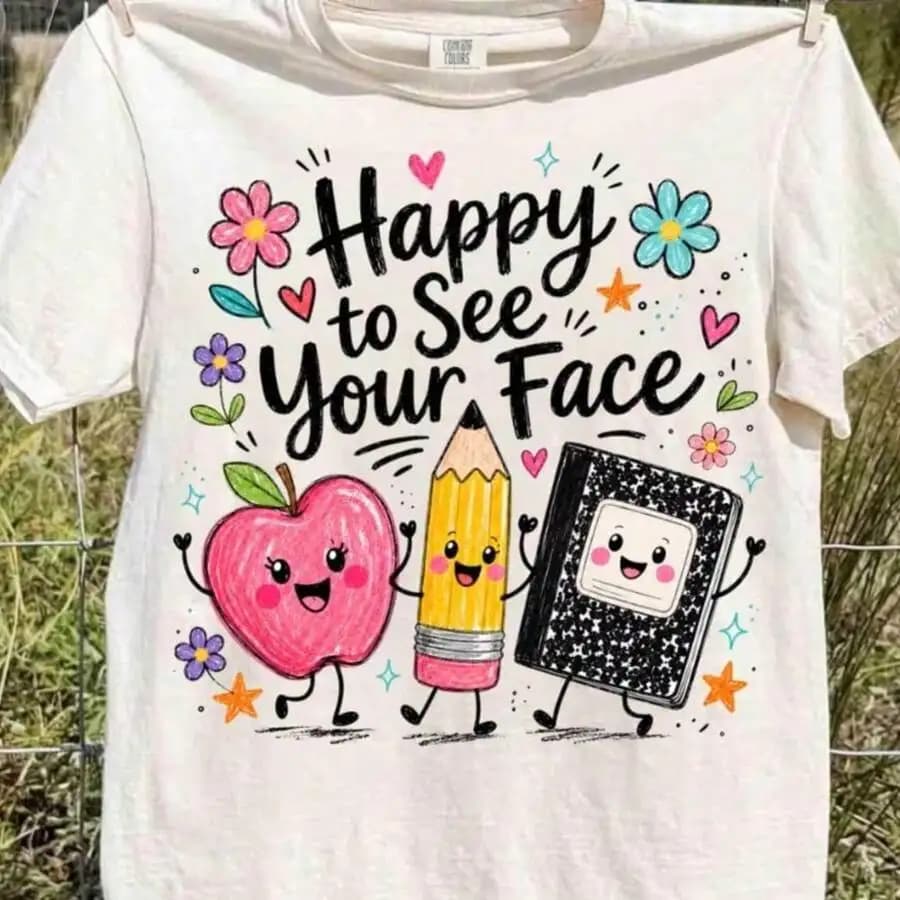 Happy To See Your Face Cute Kawaii School Supplies Apple Pencil Notebook Graphic T‑Shirt Crew Neck Short Sleeve Back To School Casual Tee