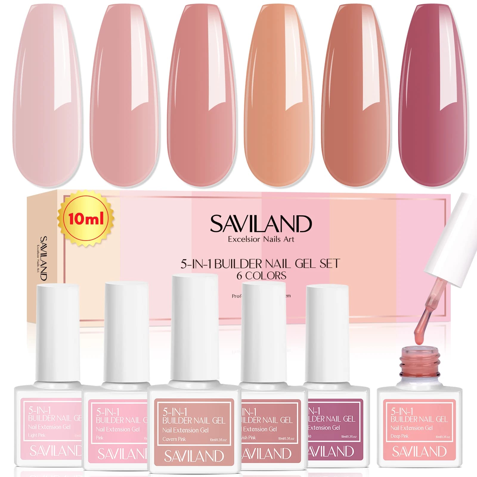 Set di Gel per Unghie Saviland 6 Colori, Nude e Rosa, Gel 5-in-1 per Rinforzare, Riparare e Ispessire le Unghie, Kit per Principianti, Uso Domestico e Professionale, Idea Regalo