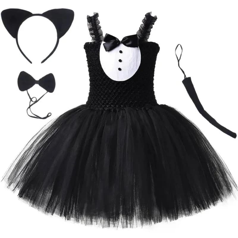 Abito tutù gatto bianco nero per neonate Costumi di Halloween Bambini Animal Kitty Compleanno Vestito con orecchie Hairbow Vestiti per bambini