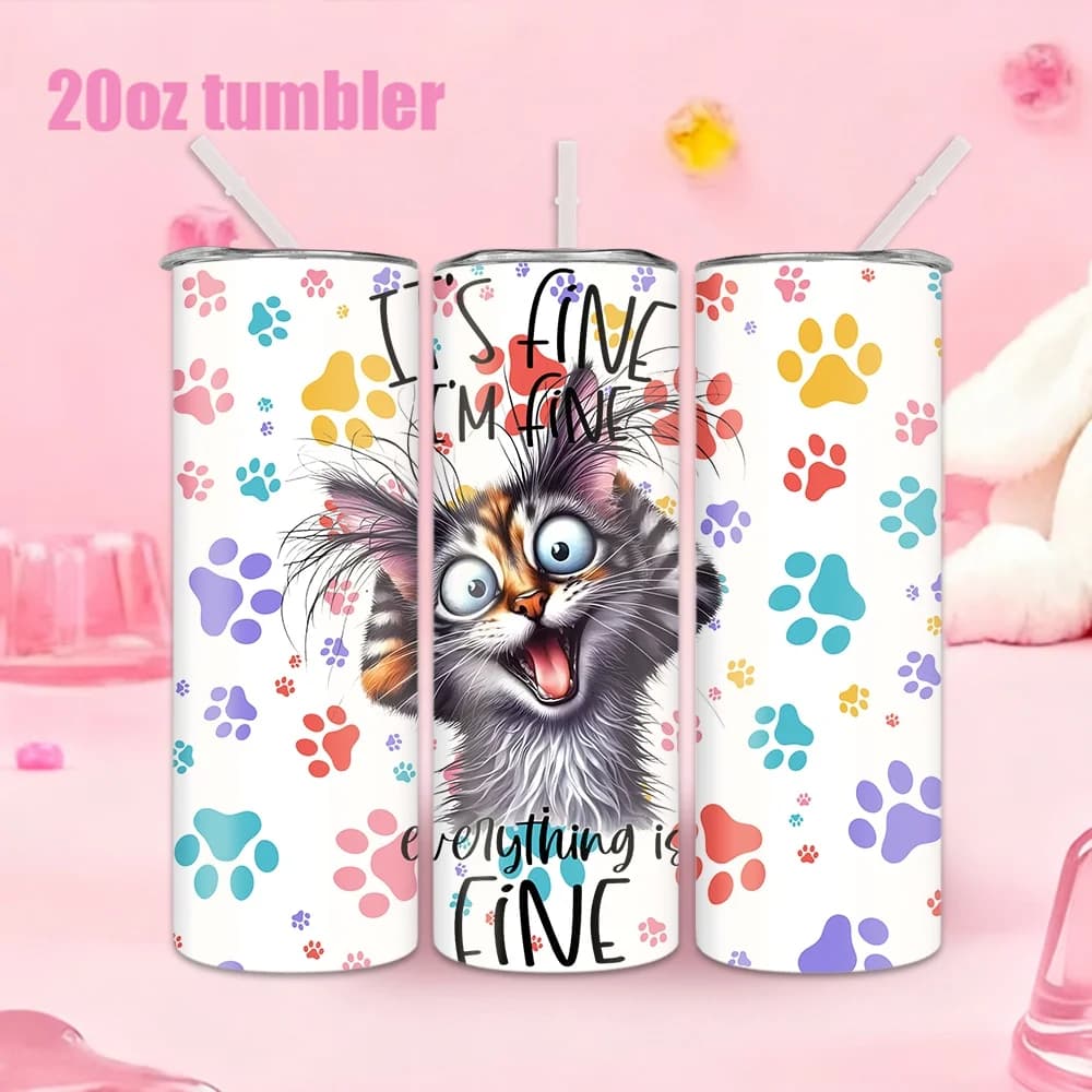 1 bottiglia/tazza per acqua in acciaio inossidabile con motivo emoji di gatto e impronta di zampa (include cannuccia) — 20oz / 591ml