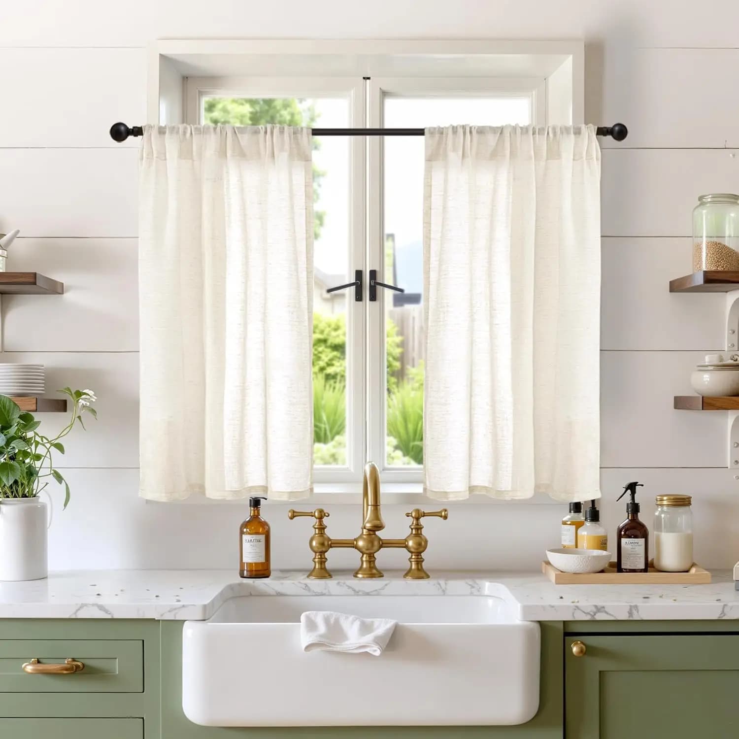 Linen Kitchen Curtains 30 Inch Level Curtains Semi Transparent Court Beige Farm Cream with Pocket For Rod