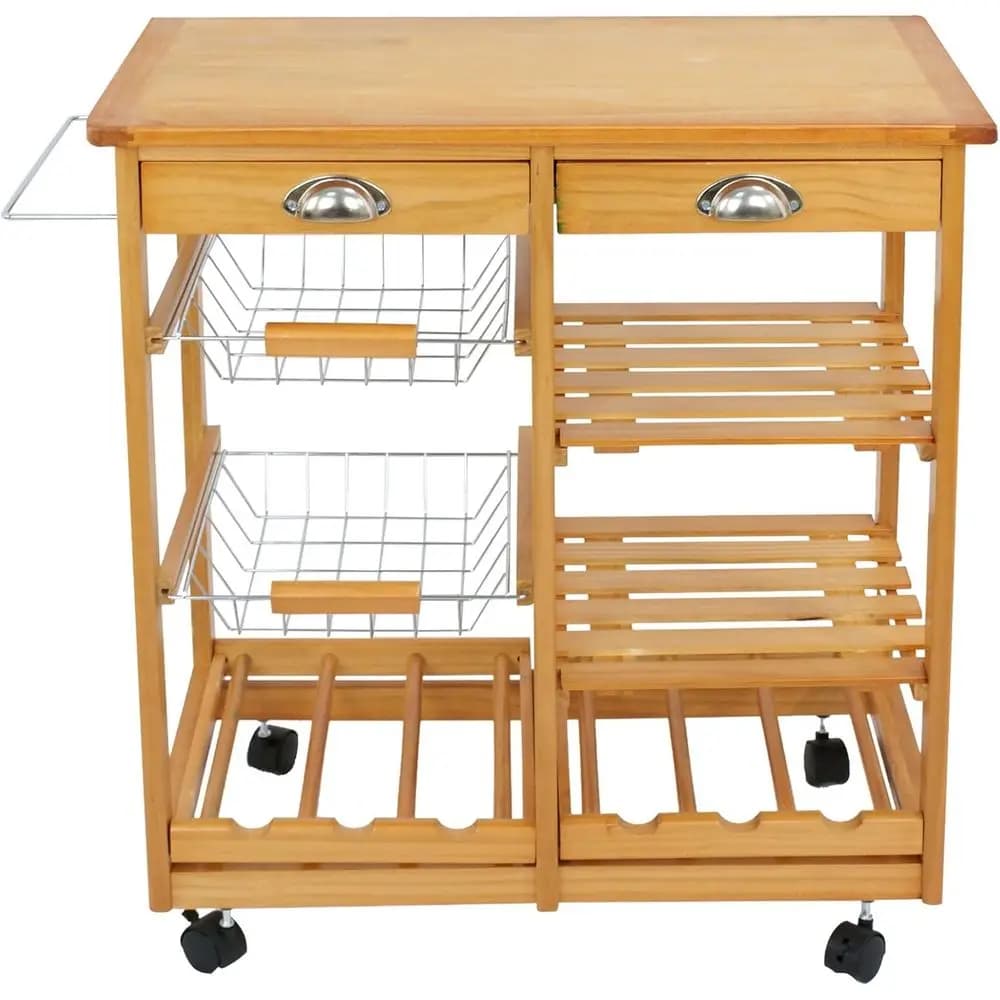 Carrello da Cucina a 4 Ripiani con Ruote, Portaoggetti in Legno, Portasciugamani, Scaffali e Portabottiglie per 6 Bottiglie