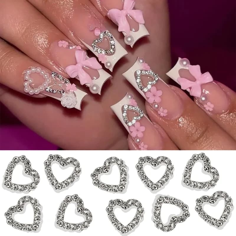 10 Pieces Heart Shape Nail Decorations with Silver Diamonds, 3D Charm in Drilled Alloy with Crystals for Fai-da- Manicure ♪