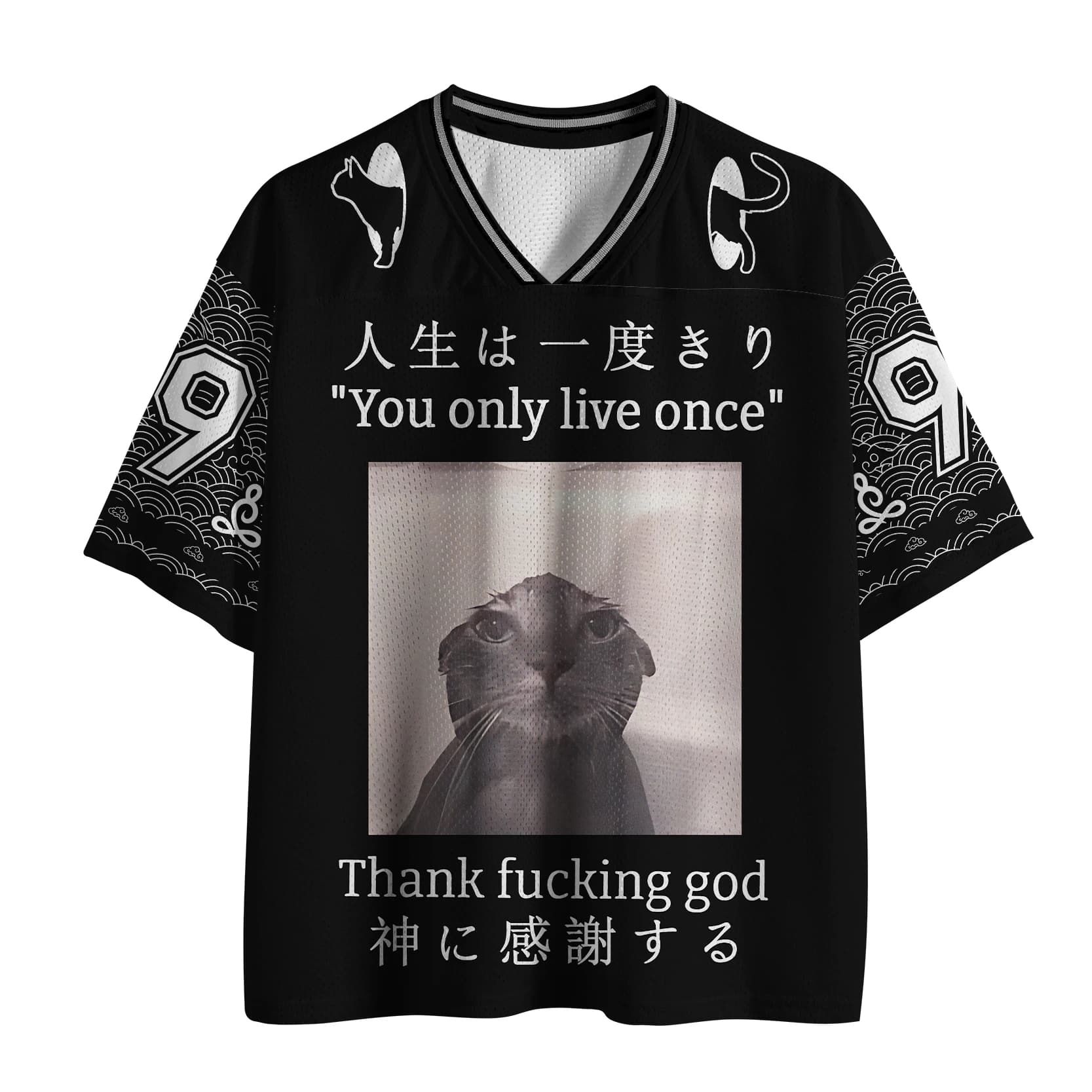 Maglia in jersey a rete con stampa gatto in stile estetico giapponese Y2K e motivo a onde nere, T-shirt oversize con scollo a V per adulti e bambini, stile street.