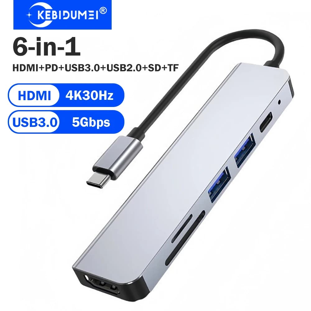 KEBIDUMEI Docking Station USB C 6-in-1, Hub USB 3.0, Adattatore da Tipo C a HDMI/USB3.0/USB2.0/SD/TF/PD100W, Splitter USB OTG per PC
