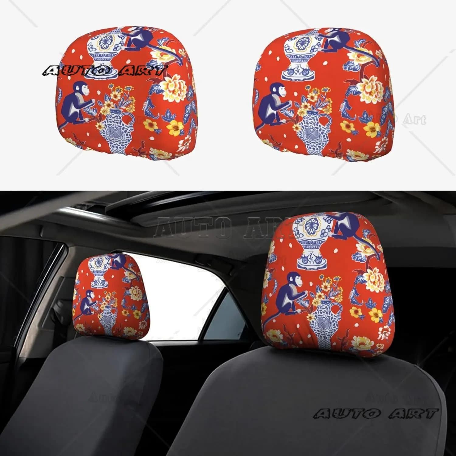 Set di 2 coperture per poggiatesta per auto in porcellana cinese con scimmia, fiore animale, set di 2 accessori universali per poggiatesta per sedile automobilistico