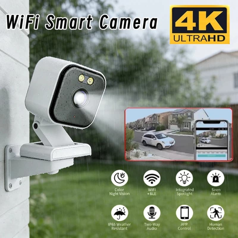 Telecamera di Sicurezza WiFi 4MP con Supporto Magnetico, Impermeabile per Interni ed Esterni, Compatibile con Tuya, Visione Notturna e Rilevamento Movimento