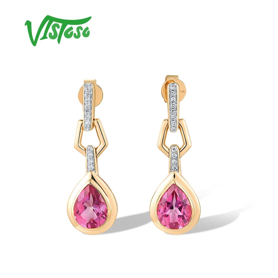 VISTOSO Orecchini in oro rosa puro 14K 585 per donna, diamanti scintillanti, topazio rosa, pendenti, delicati, regali per feste di matrimonio, gioielleria raffinata