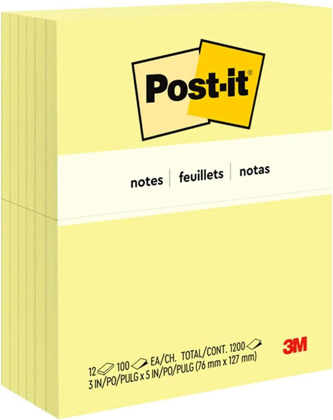 Blocchetti di foglietti adesivi 3x5, confezione da 12, 100 fogli ciascuno, giallo canarino, forniture per ufficio e scuola