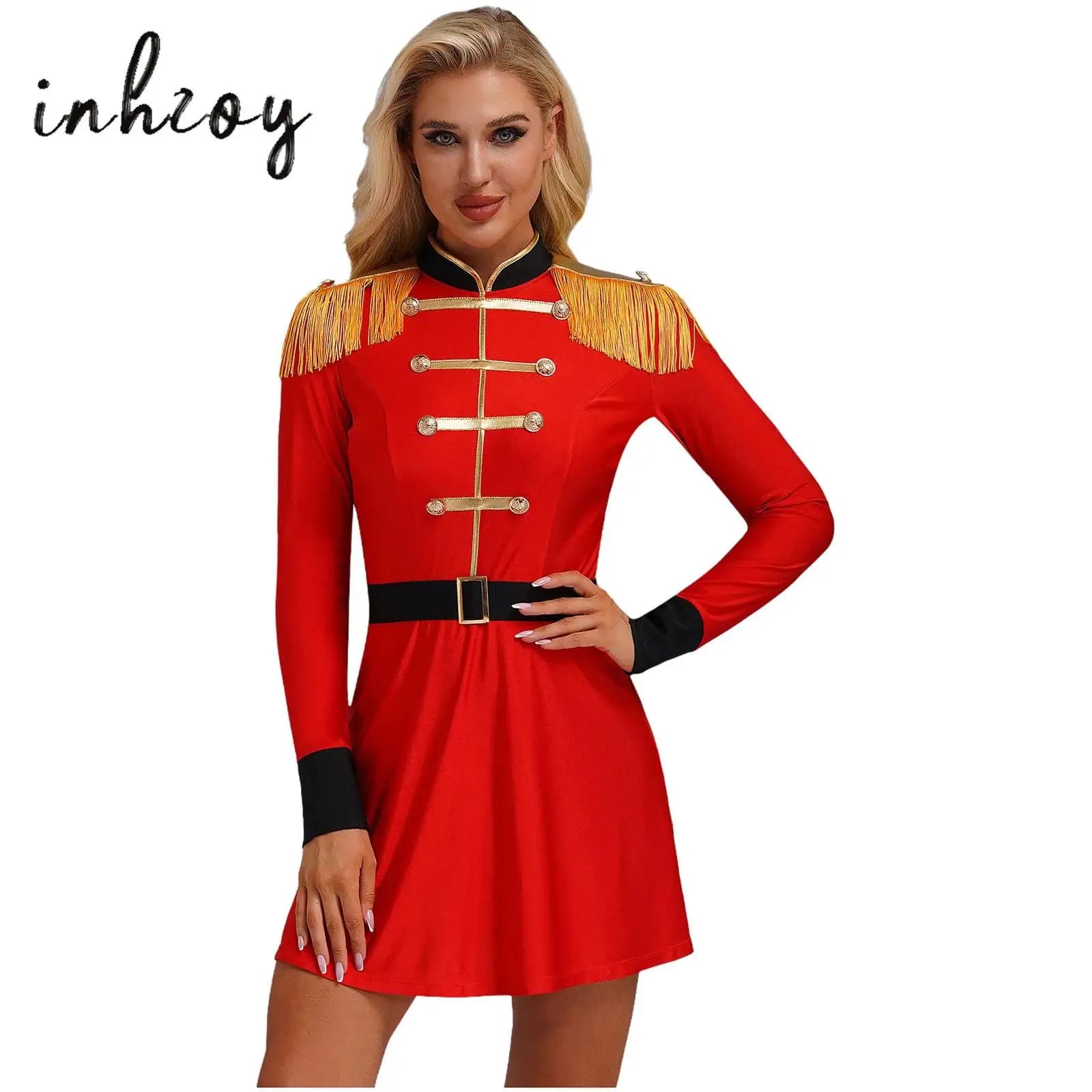 Women's Halloween Circus Lion Domator Costume, Long Sleeved Dress with Nappa and Belt Set, Mago Costume