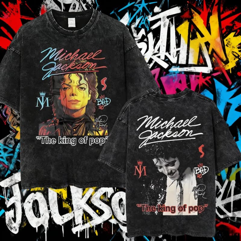 2025 Estate Vintage Lavato Michael Jackson Re del Pop Uomo Donna Retro Gotico Rock 100% Puro Cotone Stampato T-Shirt Streetwear