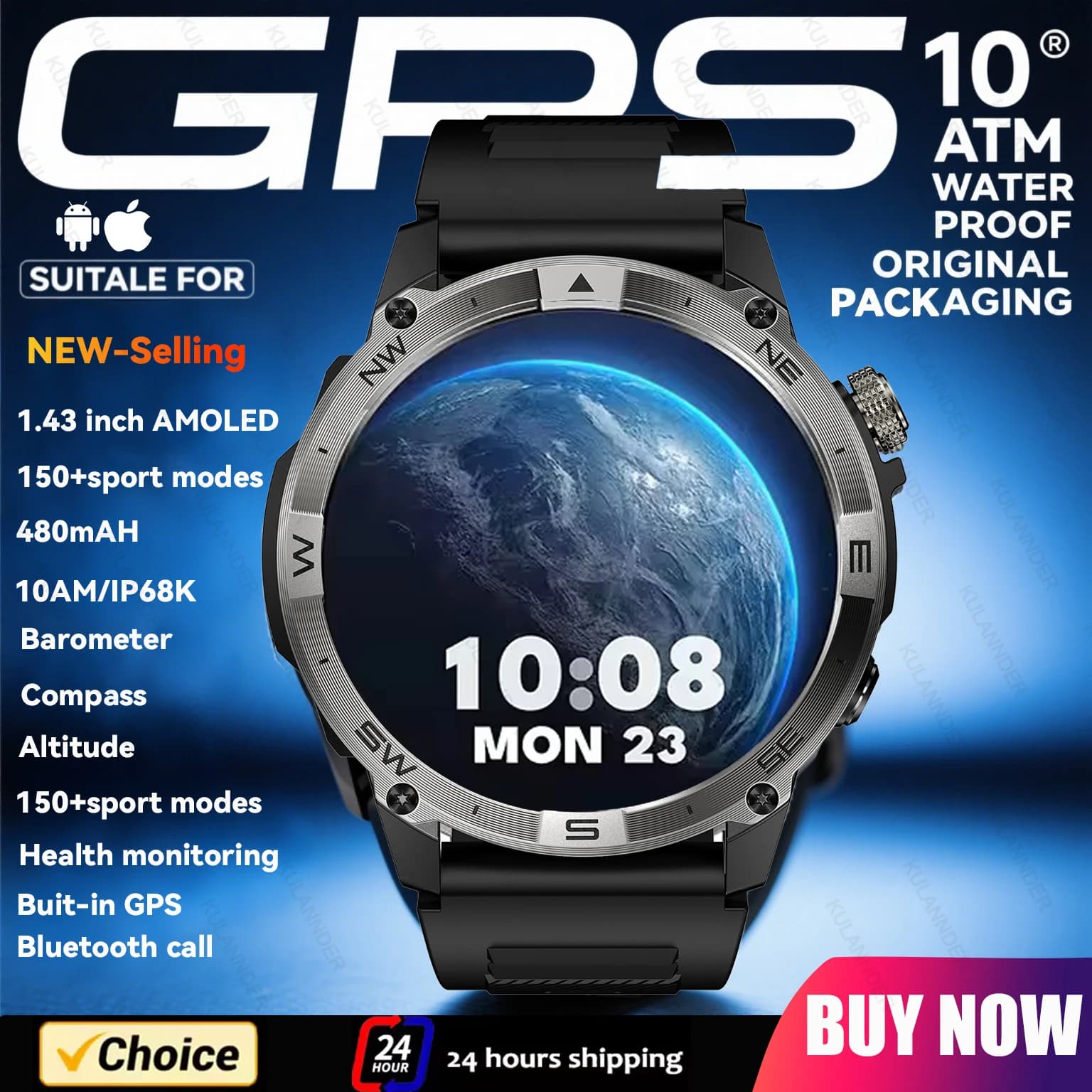 Military Grade Men's Smart GPS Watch HD Screen 1000mAh 5ATM Waterproof 170 + Sports Mode Heart Rate Call BT Smartwatch