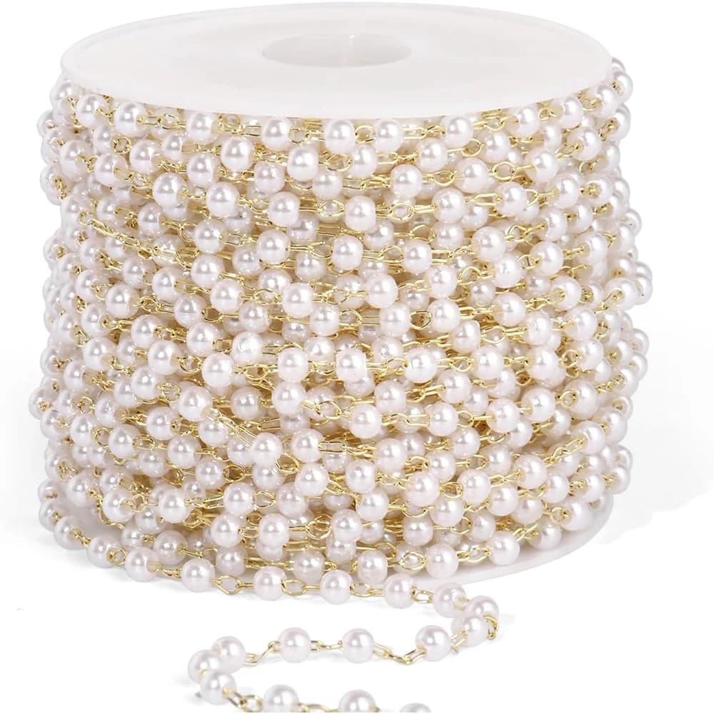 20 Meter 3/4/5/6mm Faux Pearls Beaded Gold Plated Brass Cable Link Chain Spool for Jewelry Making DIY Necklace Crafts