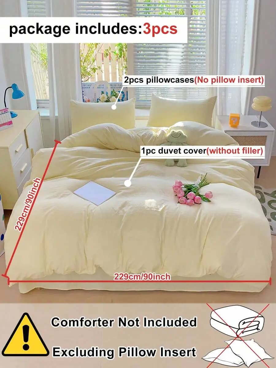 3PCS Light Yellow Polyester Duvet Cover Set Queen Size Modern Bedding Soft Breathable