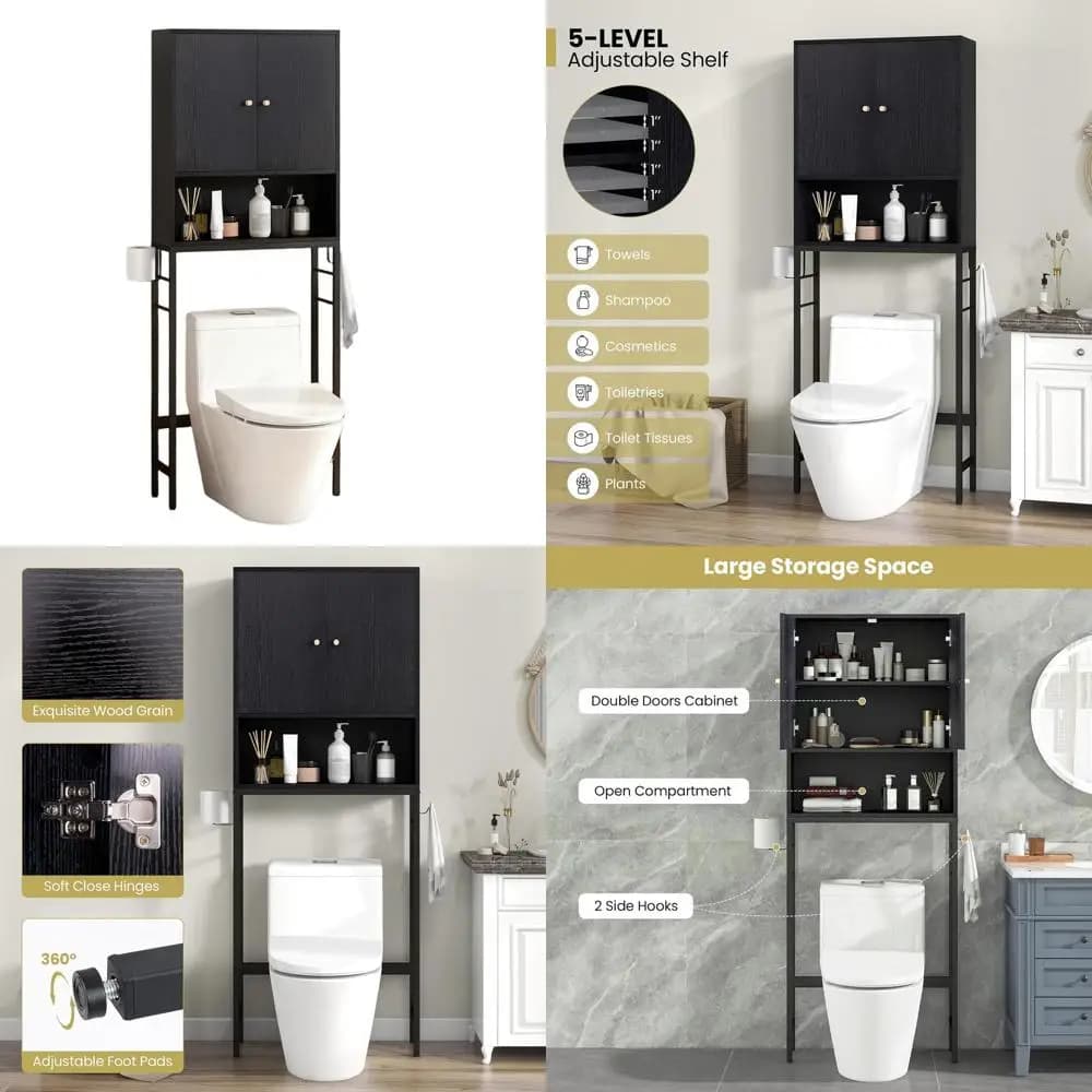 Mobiletto Salvaspazio per Bagno con Portarotolo, Ganci, Ripiano Regolabile e Barra Inferiore