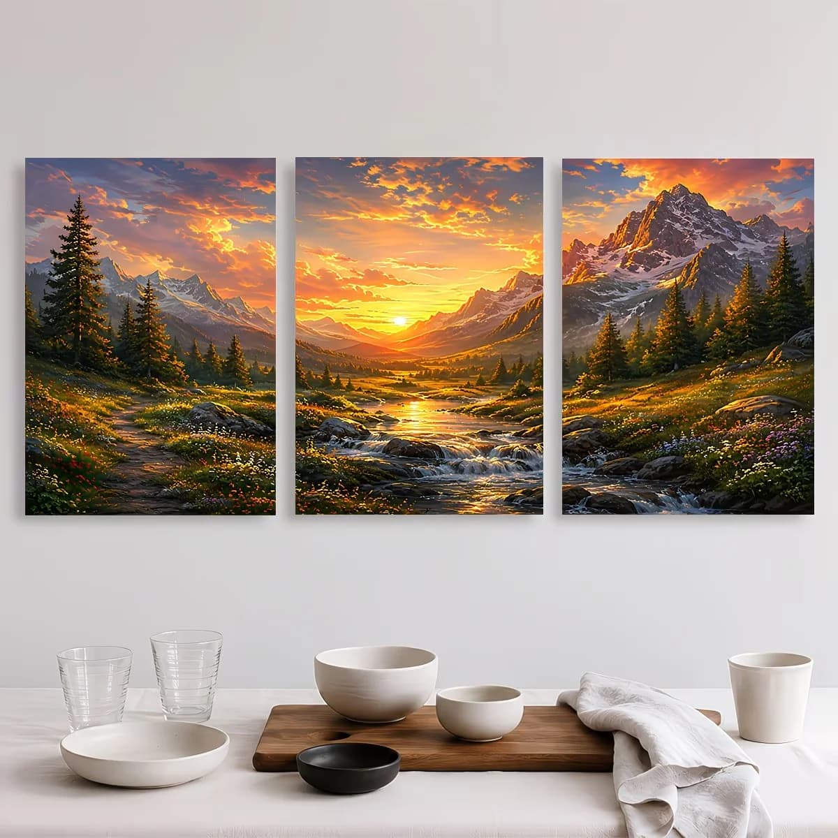 3Pcs DIY Full Square Round Diamond Paintings Mountain Sunset Trees Streams Wildflowers Cross Stitch Mosaic Diamond Embroidery