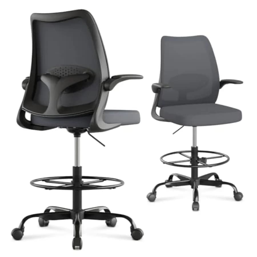 Sedia da Disegno Ergonomica con Poggiapiedi Regolabile, Supporto Lombare ad Anello, Seduta Alta per Scrivania, Braccioli Ribaltabili, Traspirante