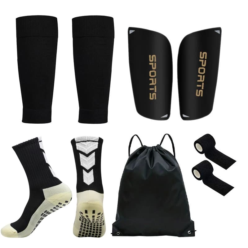 Set da 5 pezzi: Sacca con coulisse per pallone, Calze da calcio, Parastinchi da uomo e donna, Coprigambe per allenamento sportivo, Calze da calcio con grip, Benda