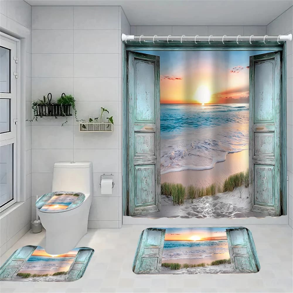 1/4 Tende da doccia con paesaggi per porte aperte, Decorazione per sedili WC, Tenda da doccia con moquette e coperchio per WC, Gancio da 1270,8x70,8 pollici