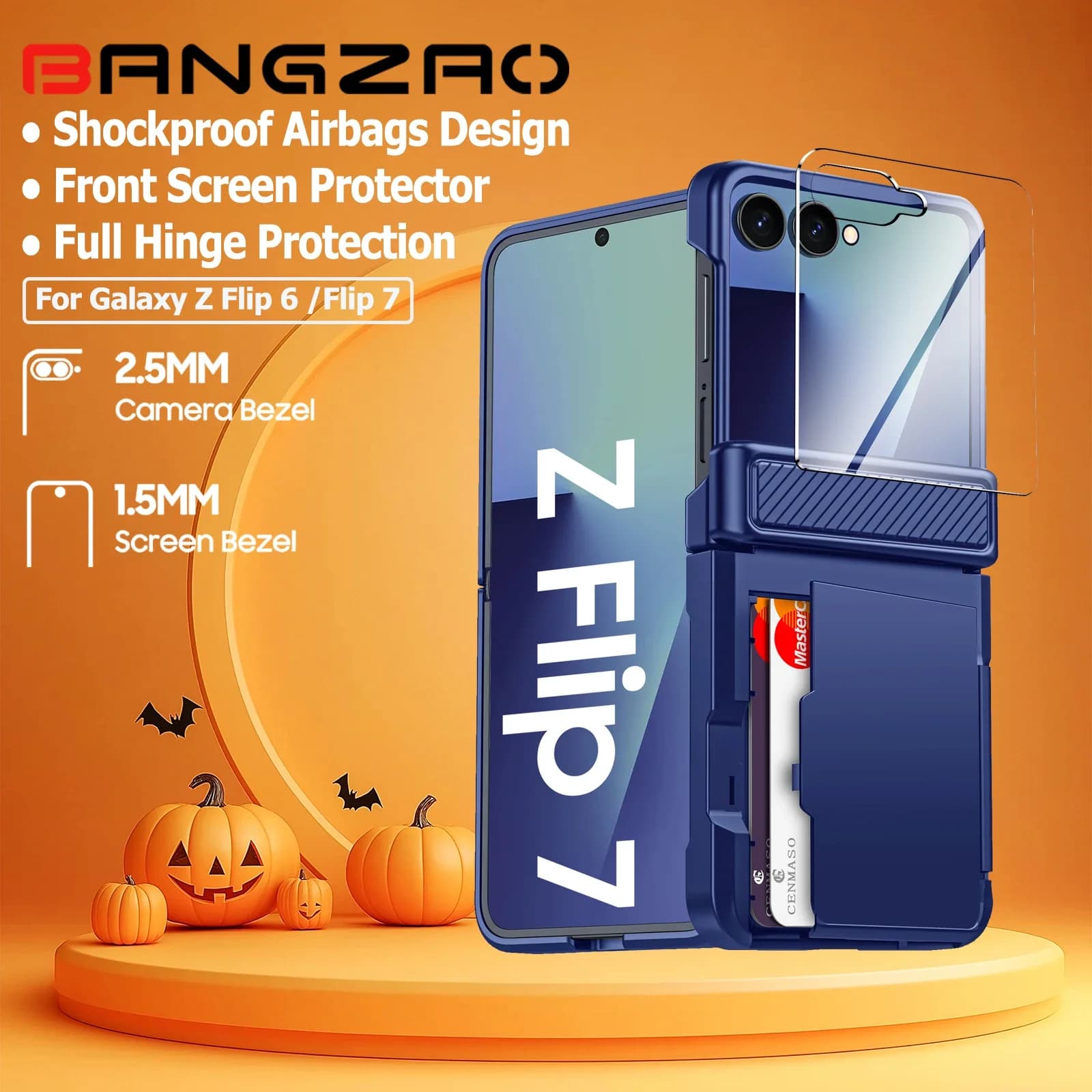 Per Galaxy Z Flip 7 con porta carte, RFID, protezione HD, custodia per telefono robusta antigraffio completamente antiurto per regali di Halloween-Blu