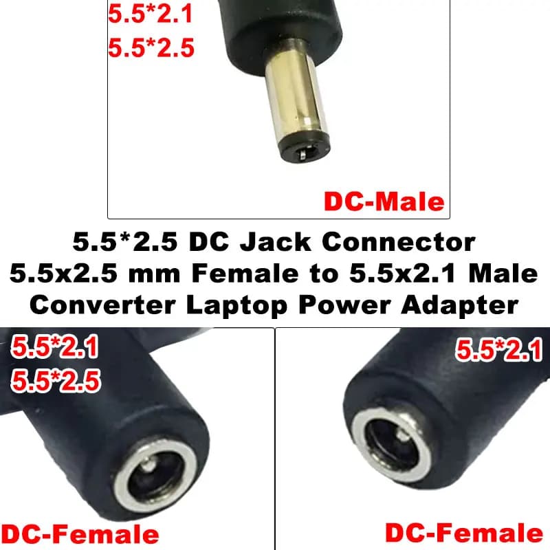 Connettore Jack DC 5.5*2.5 da Femmina 5.5x2.5 mm a Maschio 5.5x2.1, Adattatore di Alimentazione per Laptop a 90 Gradi 5.5*2.1MM