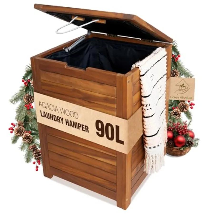 Cesto portabiancheria in legno con coperchio, manici e sacco interno rimovibile, alto 90L - Cesto portabiancheria grande in legno - Cesto per biancheria sporca
