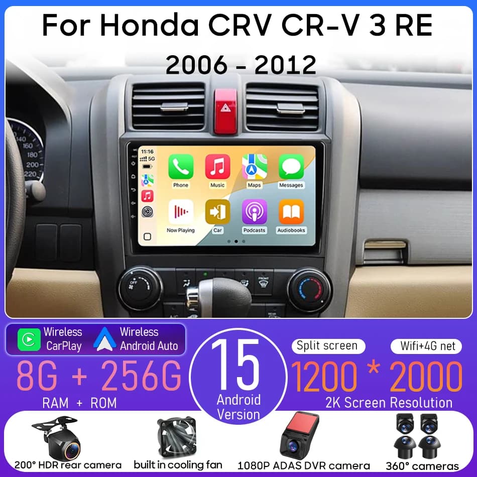 Android 15 per Honda CRV CR-V 3 RE 2006 - 2012 Lettore multimediale per auto Video Radio Unità principale Schermo audio CarPlay GPS Auto 2din BT