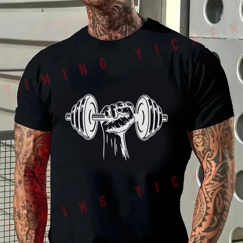 Men T-Shirt Dumbbell Graphic Print Motorcycle Cotton O-neck Short Sleeve T Shirt Fashion Hip Hop Streetwear Tees