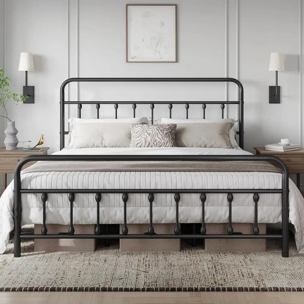 Letto a piattaforma classico in metallo e base per materasso con pannello in ferro battuto stile Ian/pannello decorativo/spazio contenitore sotto il letto/non necessita di rete a molle/Caliorn