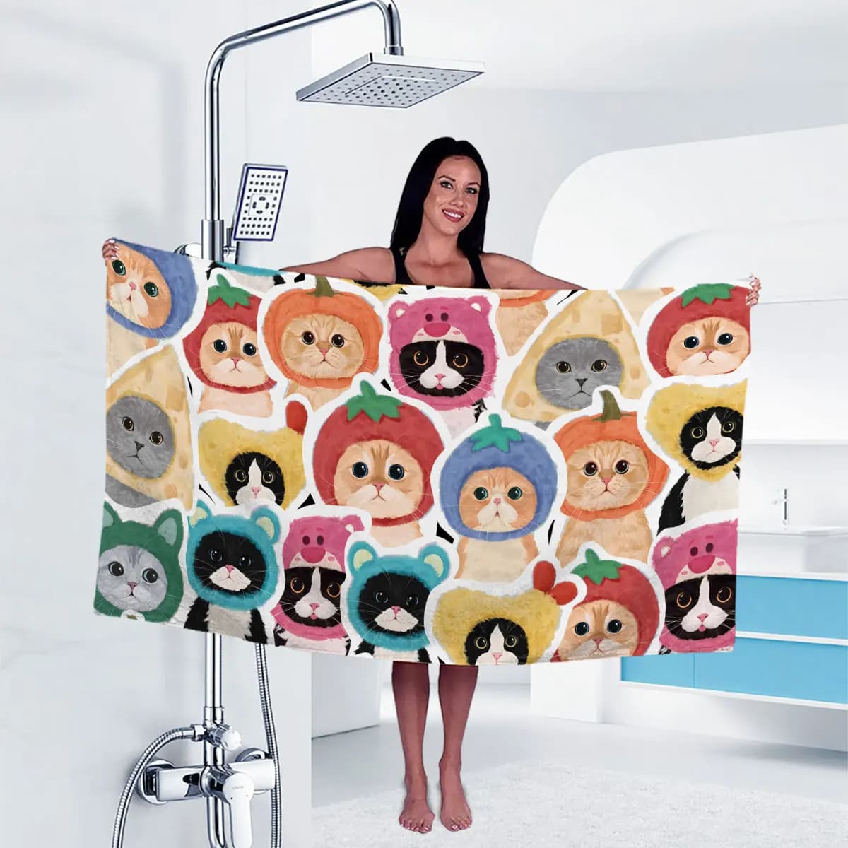 Asciugamano da bagno stampato con gatto simpatico cartone animato da 1 pezzo, telo mare ad asciugatura rapida, bagno leggero, lavabile in lavatrice da viaggio all'aperto