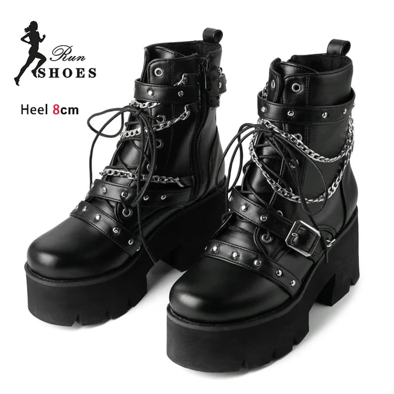 Stivaletti corti da donna Stivaletti con rivetti con suola spessa nera gotica con fibbia a catena Stivaletti da donna stile punk Scarpe da moto per ragazze cool
