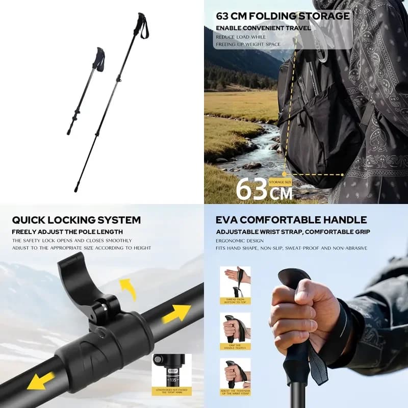 Retractable three-section carbon fiber handle trekking pole with double outer locks, suitable for hiking
