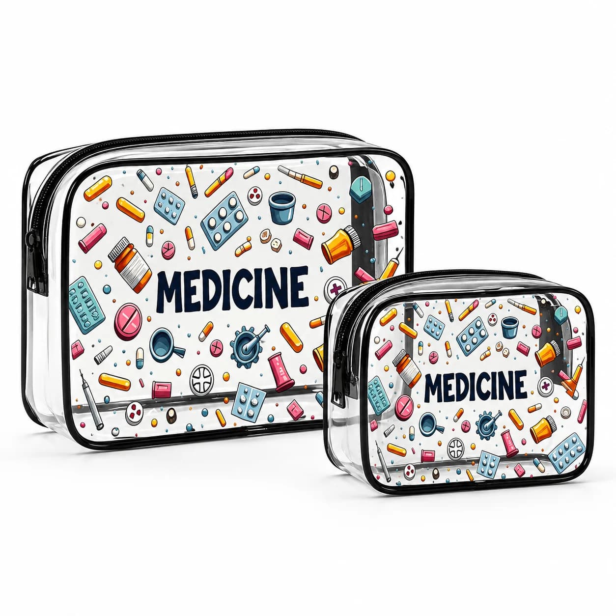 Medicine Storage Bag Transparent Printed PVC Cosmetic Organizer Travel Toiletry Pouch Makeup Case First Aid Bag Beauty Organizer