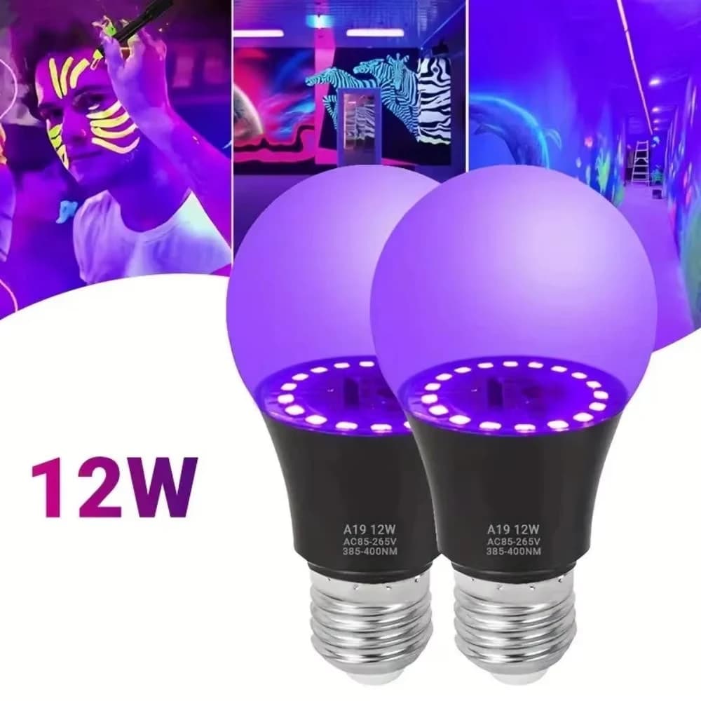 Lampadina LED viola UV 12W AC 85-265V Viola Copertura trasparente Hotel Party Ghost House Luce decorativa per atmosfera fluorescente