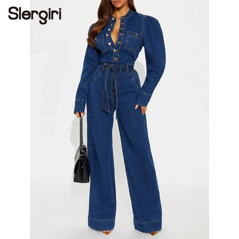 Tuta in denim lavato a maniche lunghe con mezza abbottonatura Slergiri da donna, nuova collezione Primavera 2026, streetwear vintage con cintura e pantaloni a gamba larga