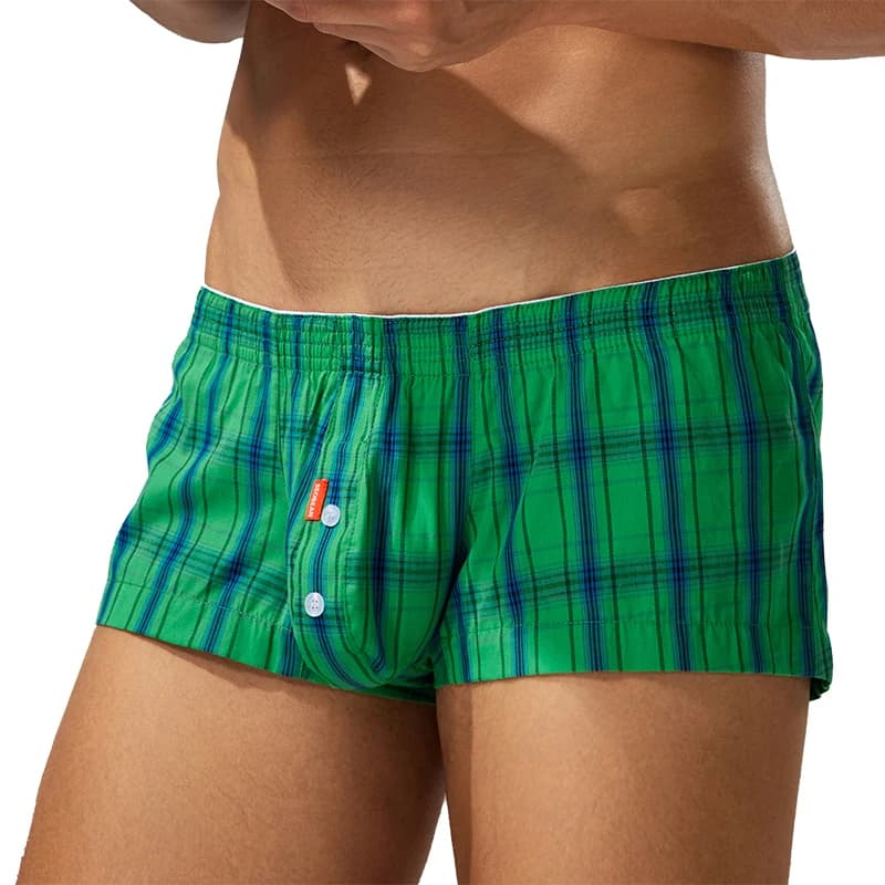 Pantaloncini piatti da uomo, pantaloncini Aro, biancheria intima quadrata, motivo a quadretti, apertura con bottoni, pantaloncini sportivi da casa alla moda e casual