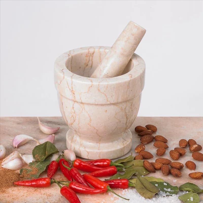 Set di mortaio e pestello in marmo A25F-Champagne, smerigliatrice per aglio e spezie, beige
