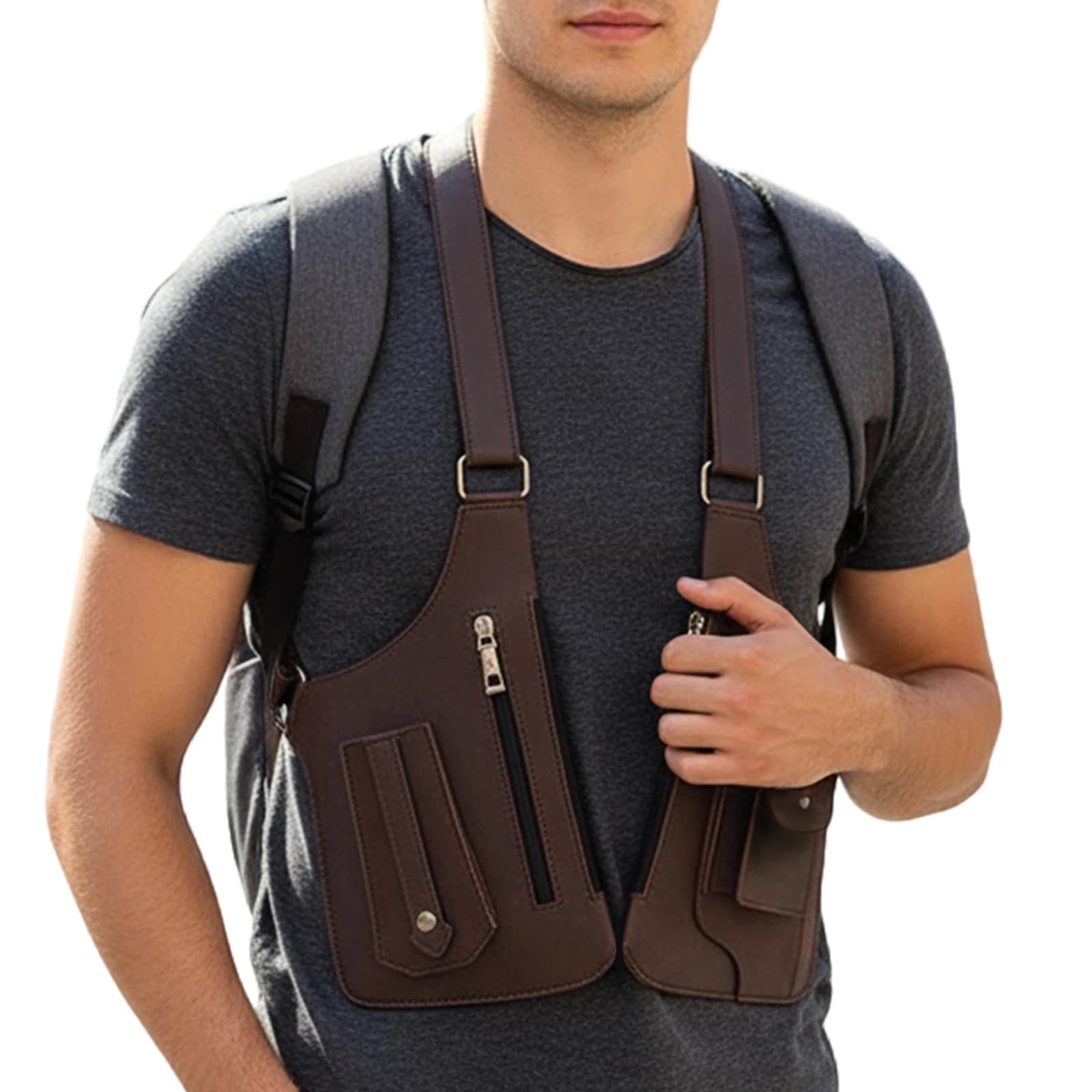Borsa da ascella a doppia spalla in pelle PU Borsa da ascella multitasca con tracolla sotto le ascelle Tasca a portafoglio antifurto per uomo Donna Viaggi all'aperto