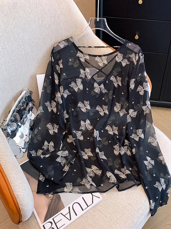 Elegant Women's Long Sleeve Print Sunscreen Chiffon Shirt Fashionable Autumn High-End Feeling Commute Style Loose Fit