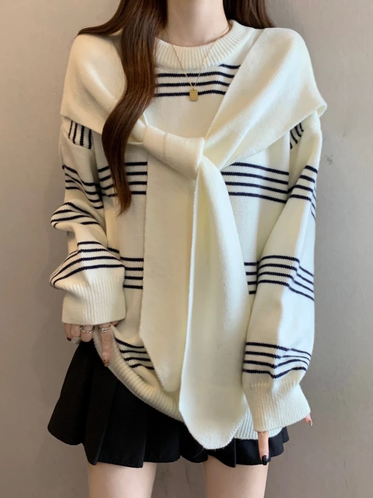 Women's Knitted Sweater with Shoulder Scarf Striped Base Shirt Spring Autumn plus Size Slimming High-End Feeling Top