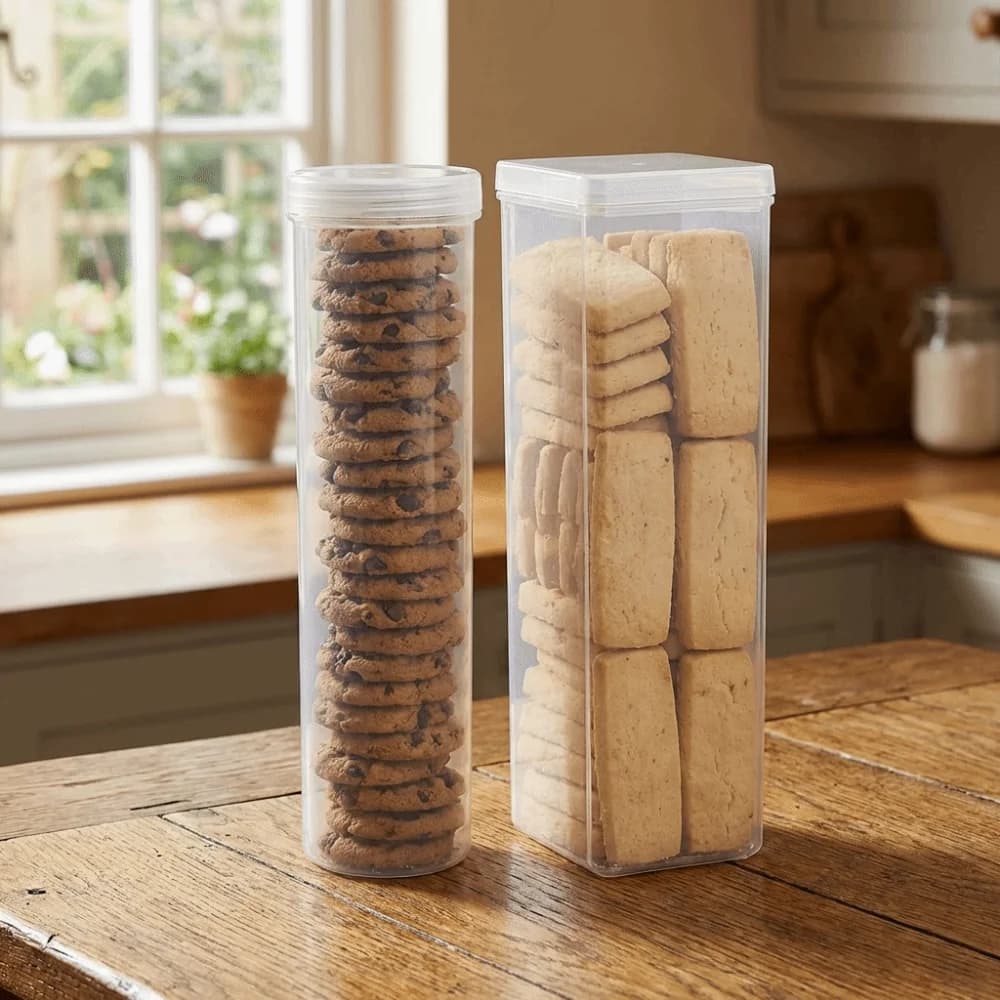 2 contenitori in plastica per biscotti, trasparenti, rotondi/rettangolari, contenitori per alimenti salvaspazio con coperchio, organizer per dispensa