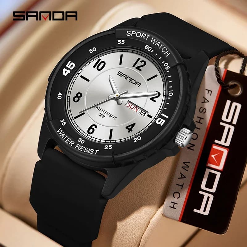 SANDA 6358 Orologio al Quarzo da Uomo alla Moda con Calendario, Luminoso, Impermeabile, Cinturino in Silicone, Orologio Sportivo per Studenti, reloj hombre