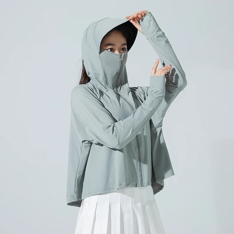 Outdoor Women's UV Protection Hoodie Jacket Solid Color Ice Silk Long-Sleeved Sunscreen Jackets Thin Breathable UPF 50+ Clothing